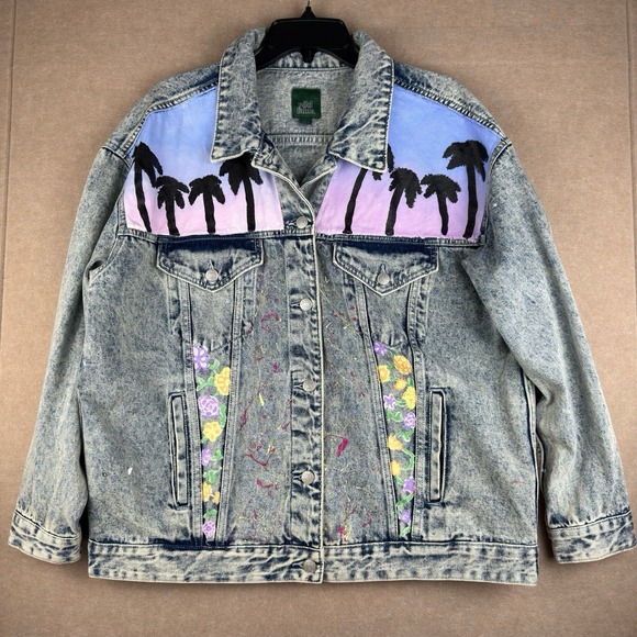 wild fable Jackets & Blazers - Wild Fable Denim Jacket Women L Acid Wash Palm Tree‎ Floral Painted Retro Art